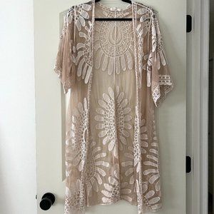 Rebellion Mesh Embroided Sheer Lace Kimono Cover Up Floral Oatmeal Beige M